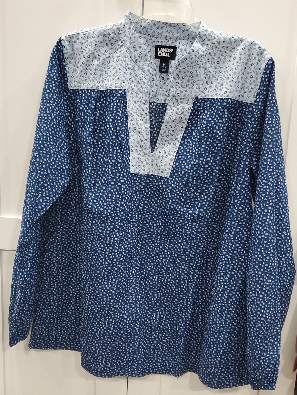 Lands' End Navy & Light Blue Floral Yoke Tunic 100%linen
